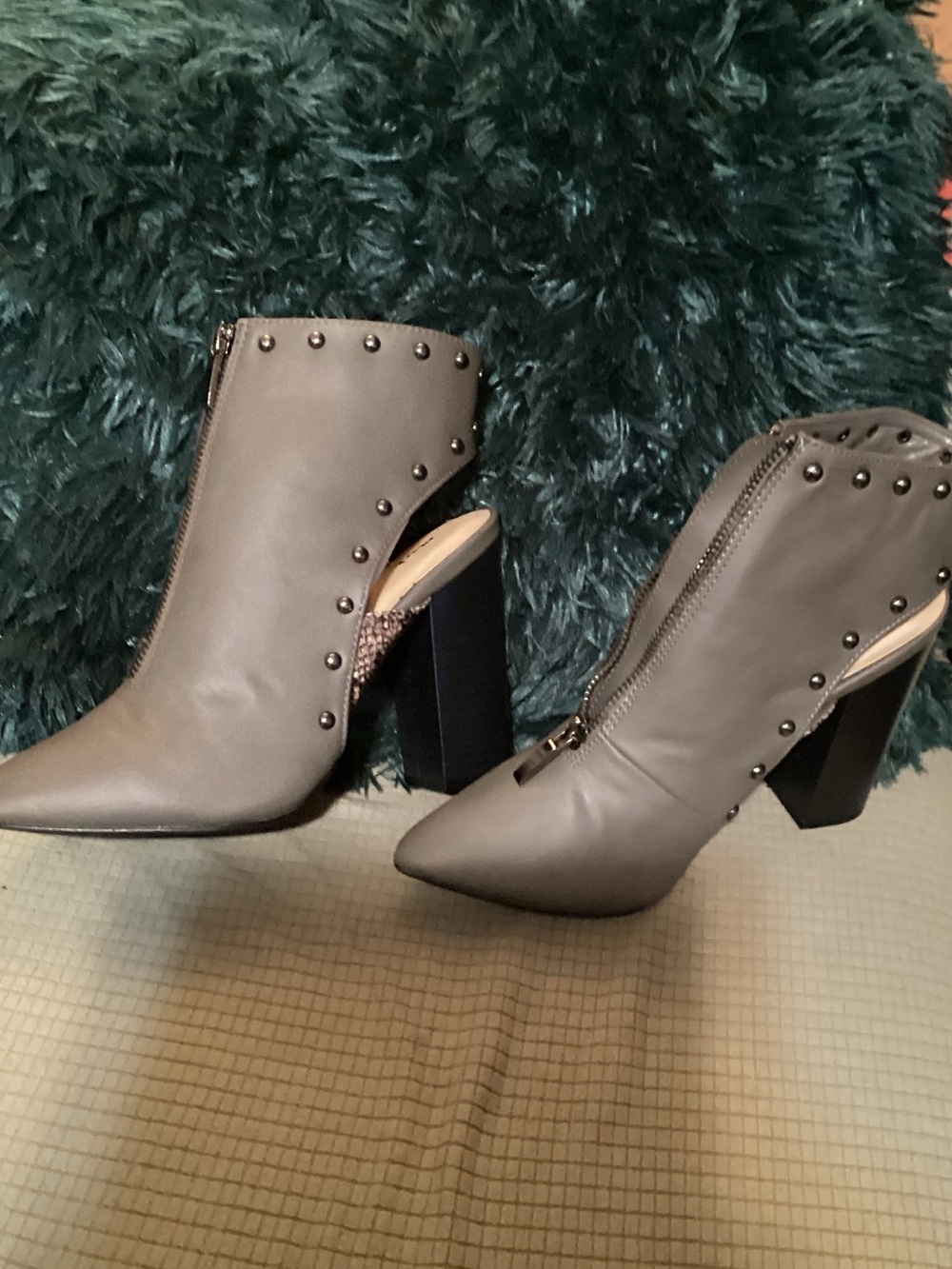 mark. Grey Studded Pointed-Toe High-Heel Booties
